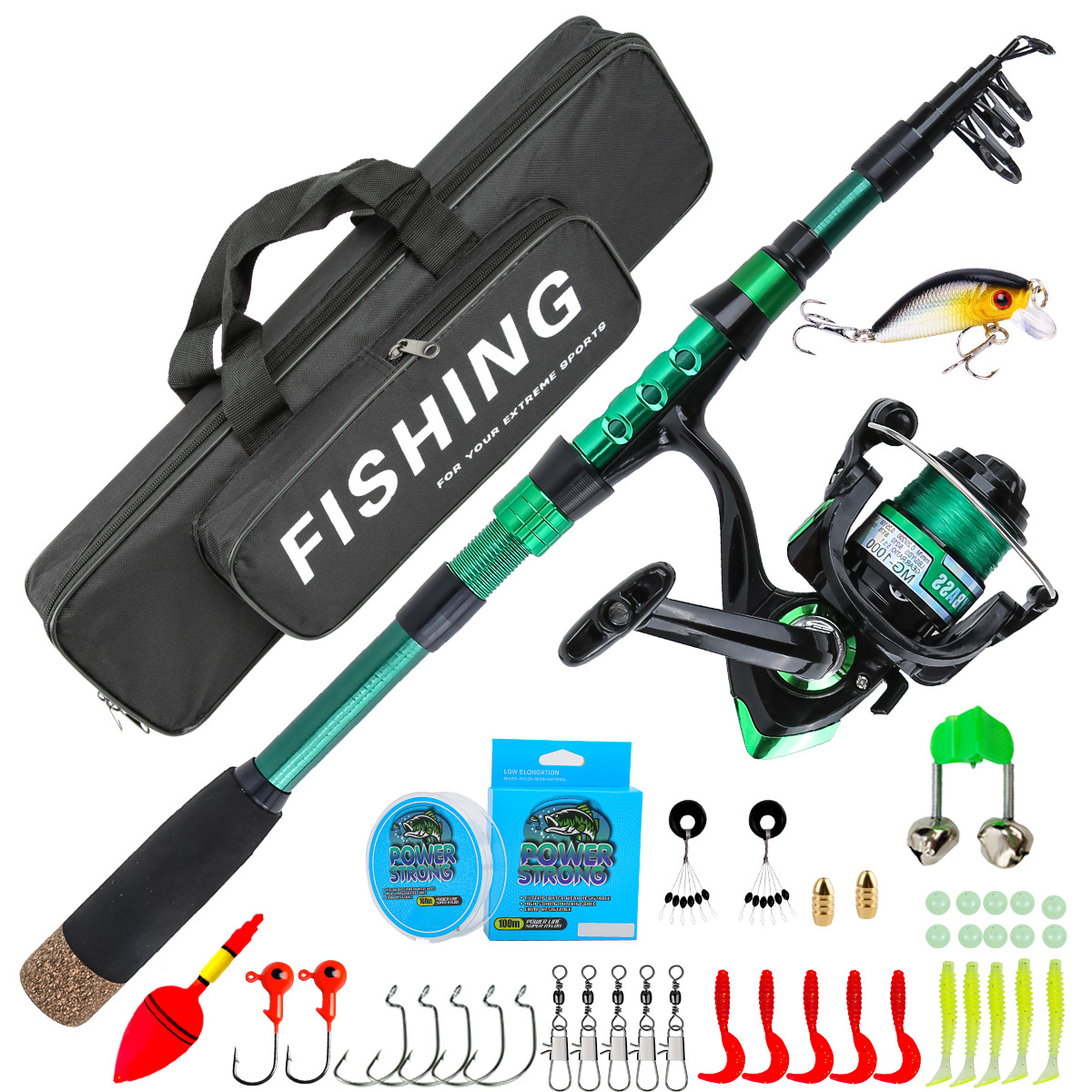 Fishing Rod Combo - ชุดคันเบ็ดตกปลาทะเลแบบยืดหดได้ คาร์บอนไฟเบอร์สีเขียว 1.8 เมตร พร้อมอุปกรณ์ตกปลาครบชุดในกล่องเก็บของ